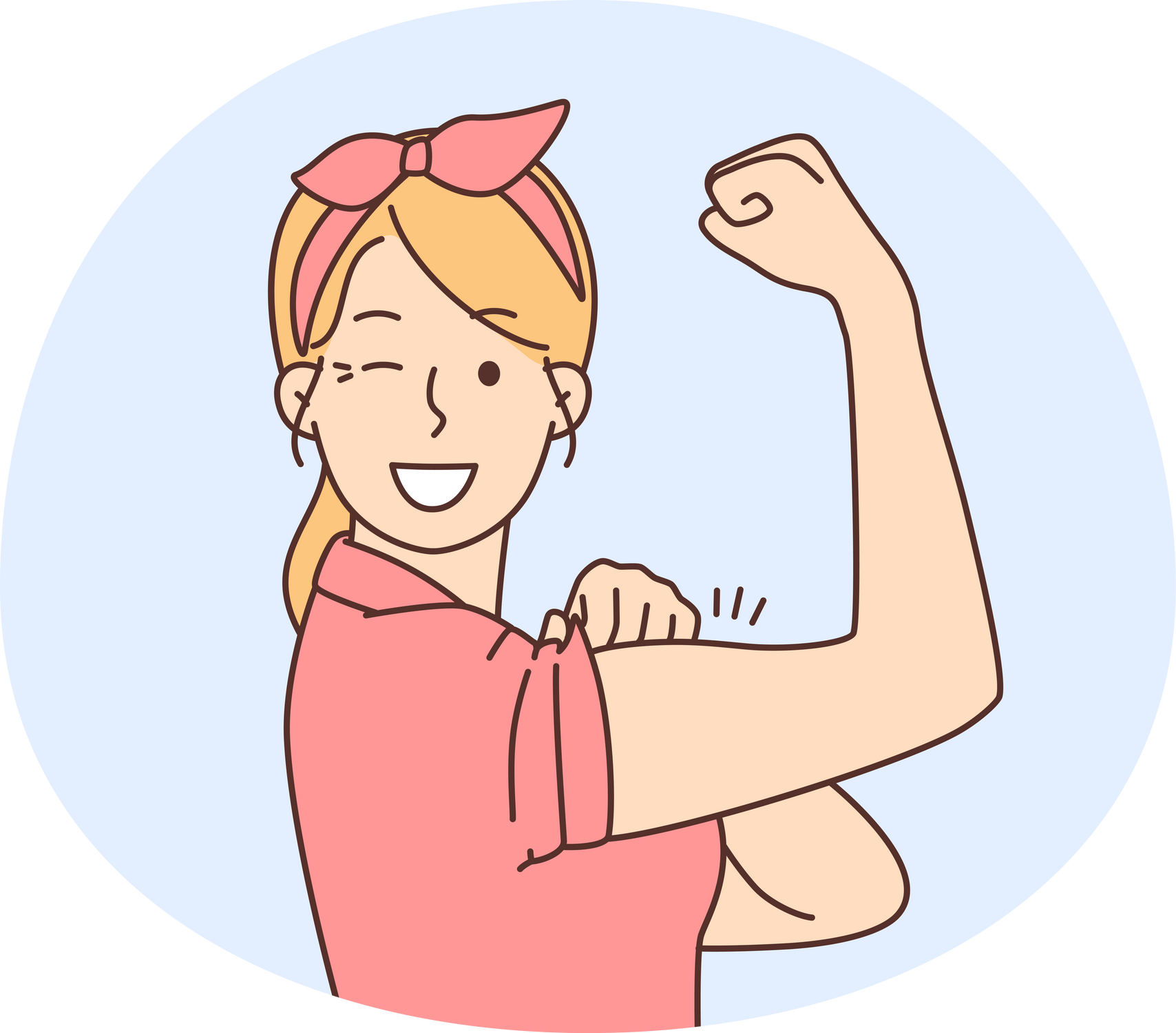 Smiling woman show muscles feeling powerful